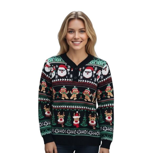 Girls Christmas Sweater Size 10T Black Knit Santa Reindeer Pullover Holiday - Picture 1 of 9